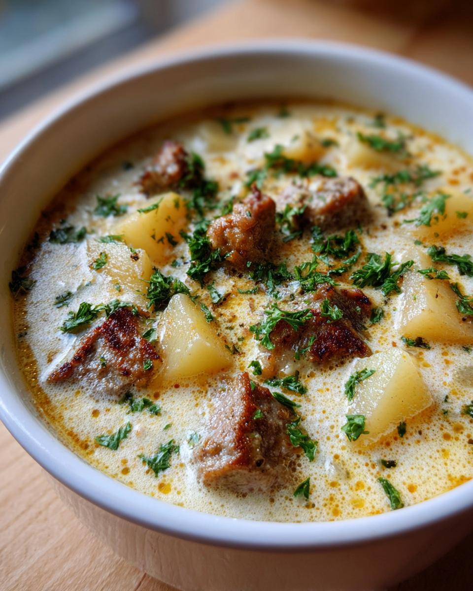 Close-up of a bowl of creamy sausage potato soup, featuring chunks of browned sausage and potatoes topped with fresh parsley.