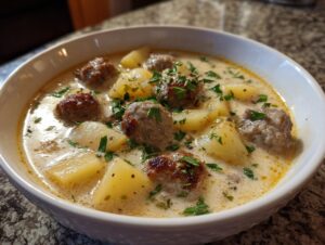 Close-up of a hearty bowl of creamy sausage potato soup, featuring browned sausage balls and chunks of potato.