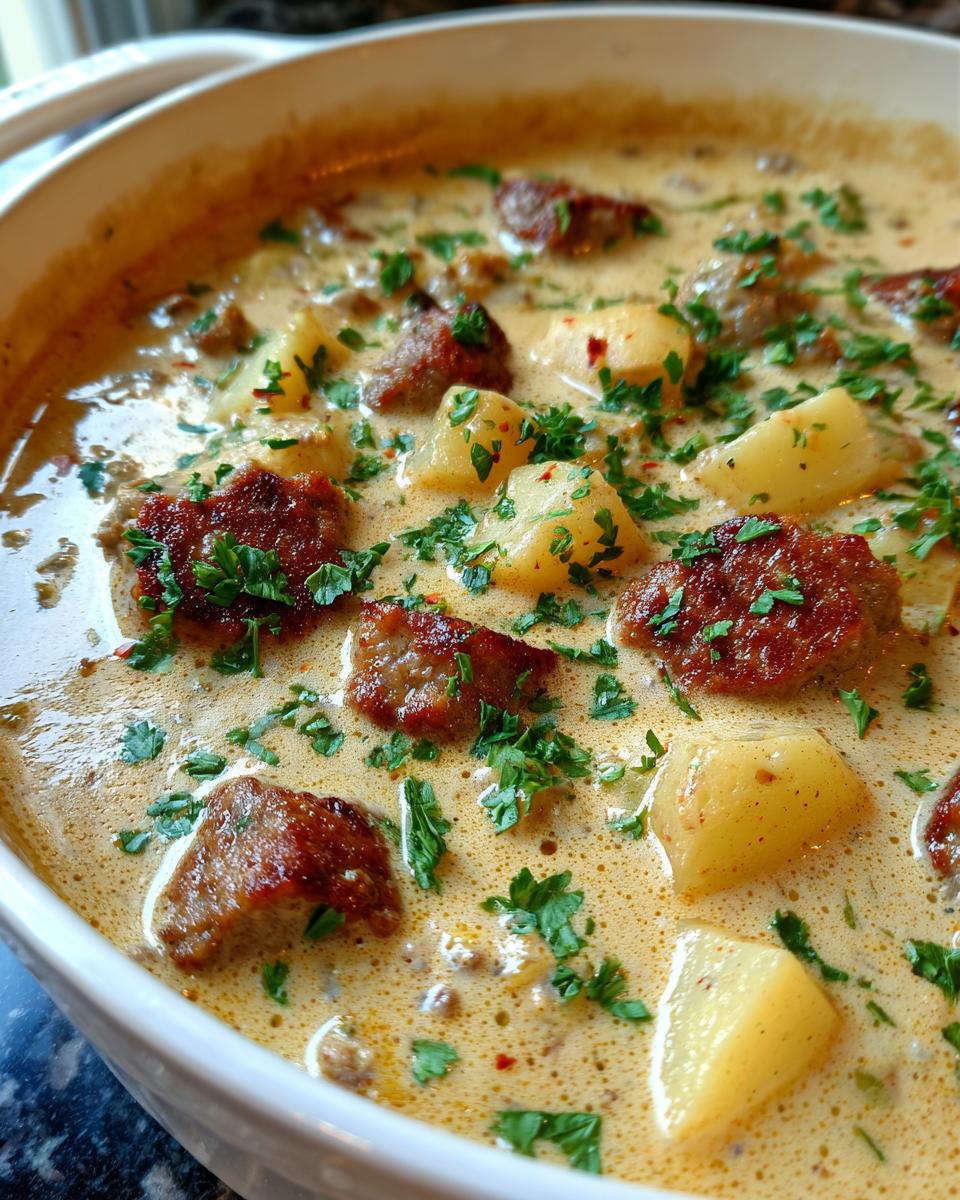 Close-up of creamy sausage potato soup with chunks of browned sausage and potatoes, garnished with fresh parsley.
