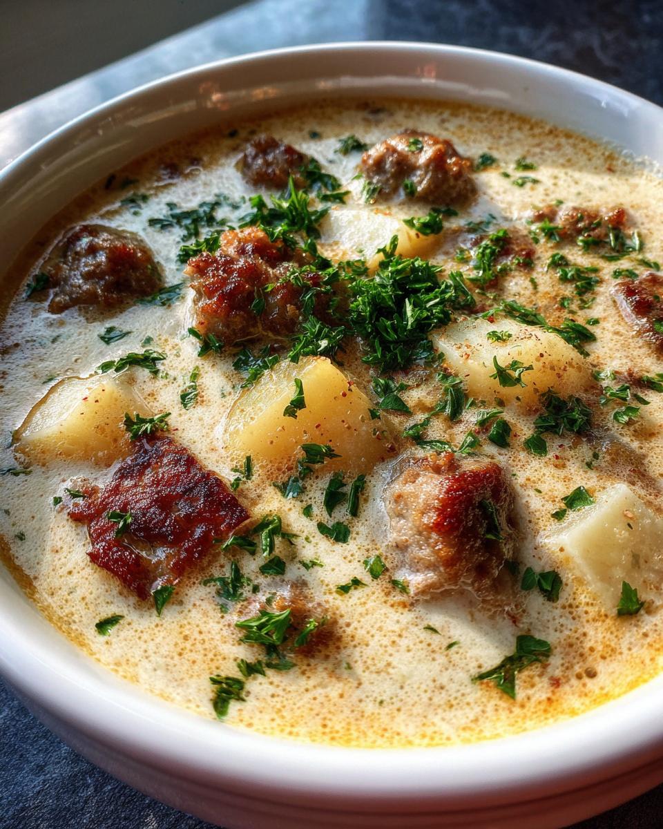 Close-up of a bowl of creamy sausage potato soup, featuring chunks of potato, browned sausage pieces, and fresh parsley.
