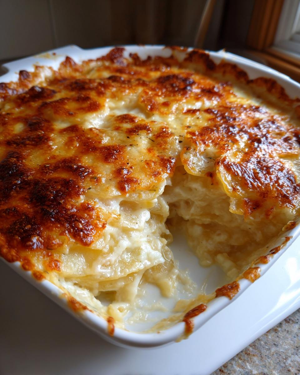 A close-up of creamy scalloped potatoes baked in a white dish with a golden-brown, cheesy crust.
