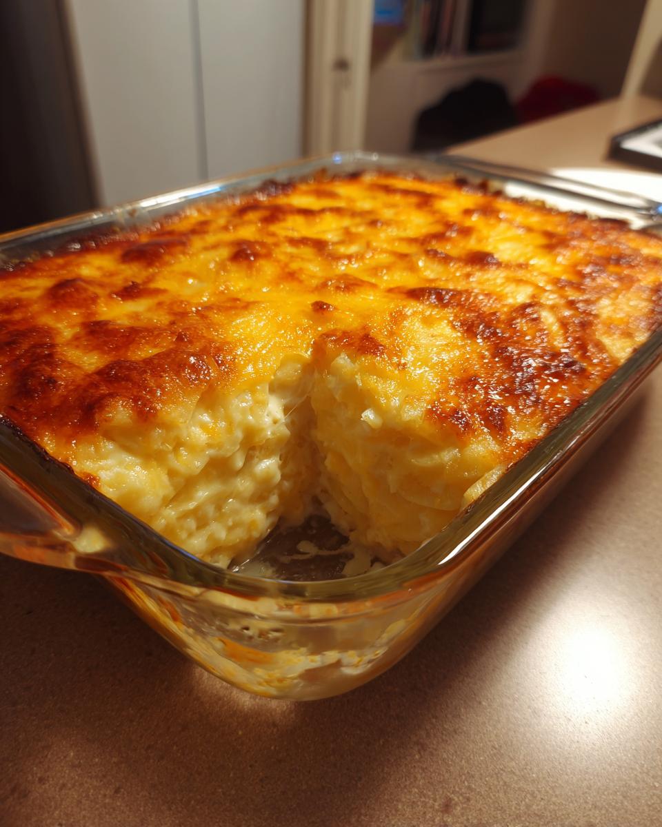 A glass baking dish filled with creamy scalloped potatoes, showing a serving removed to reveal layers and a bubbly, browned cheese topping.