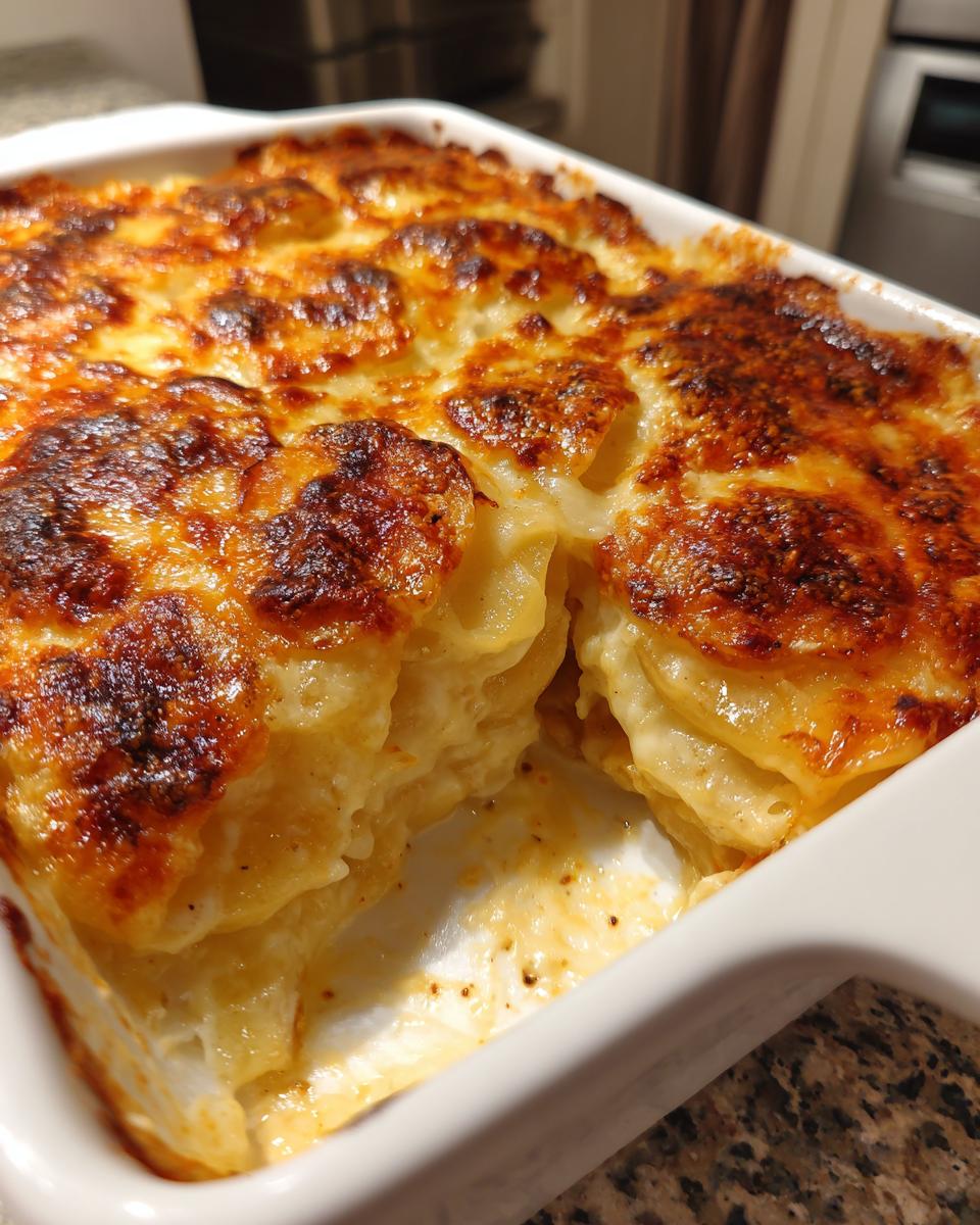 Close-up of creamy scalloped potatoes in a white baking dish with a deeply browned, cheesy top layer.