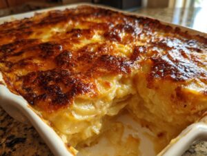 Close-up of creamy scalloped potatoes in a white baking dish with a deeply browned, cheesy top layer.