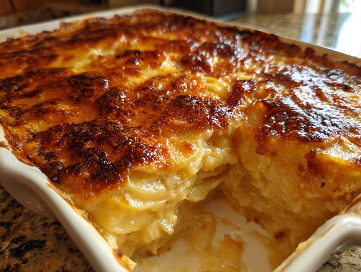 Close-up of creamy scalloped potatoes in a white baking dish with a deeply browned, cheesy top layer.