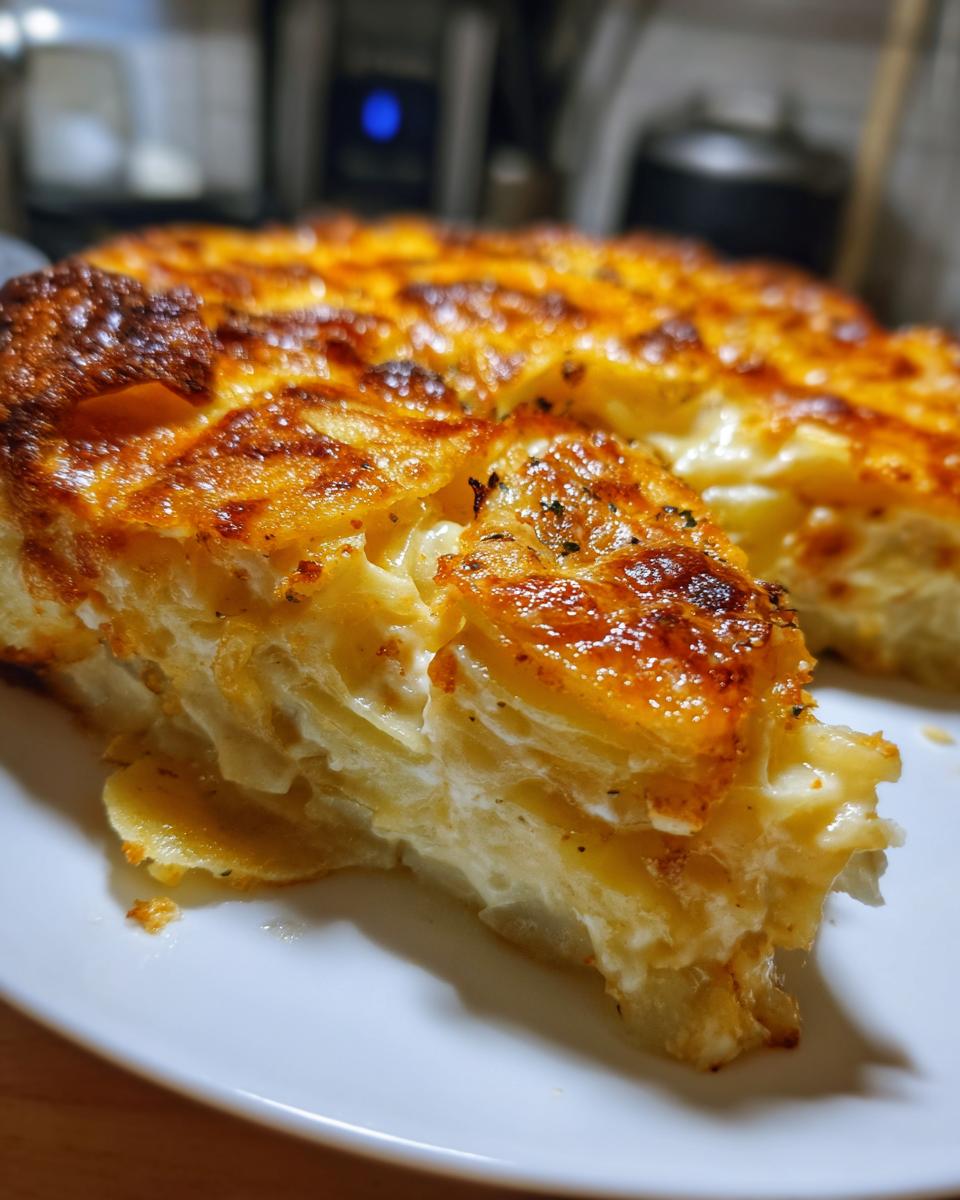 A close-up slice of rich, creamy scalloped potatoes with a golden-brown, cheesy crust.