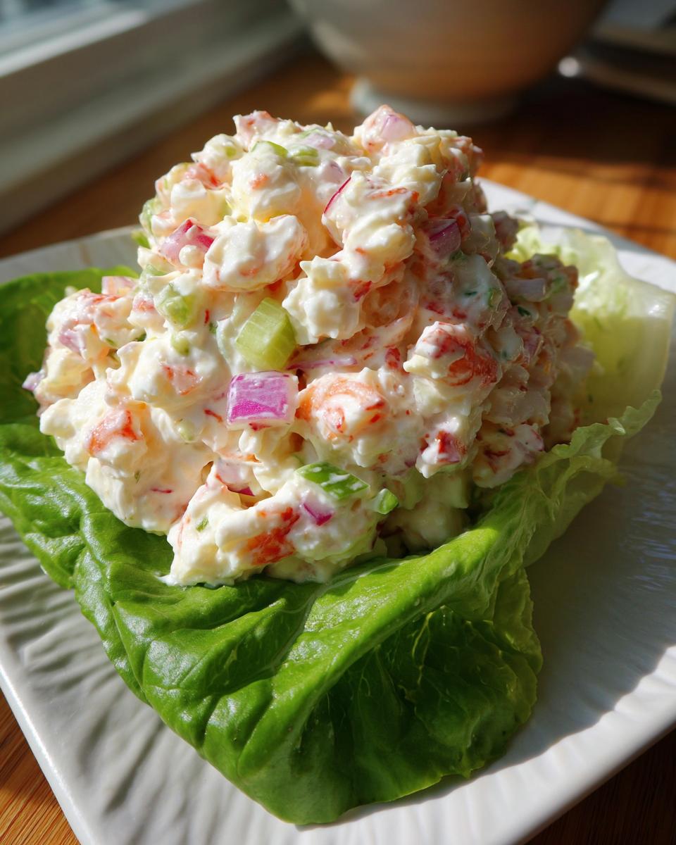 A mound of creamy seafood salad with visible shrimp, red onion, and celery served in a crisp lettuce cup.