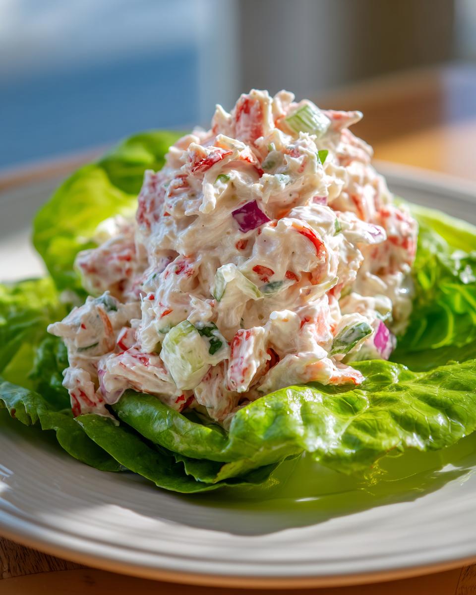 A mound of creamy seafood salad mixed with red peppers and celery served atop bright green lettuce leaves.