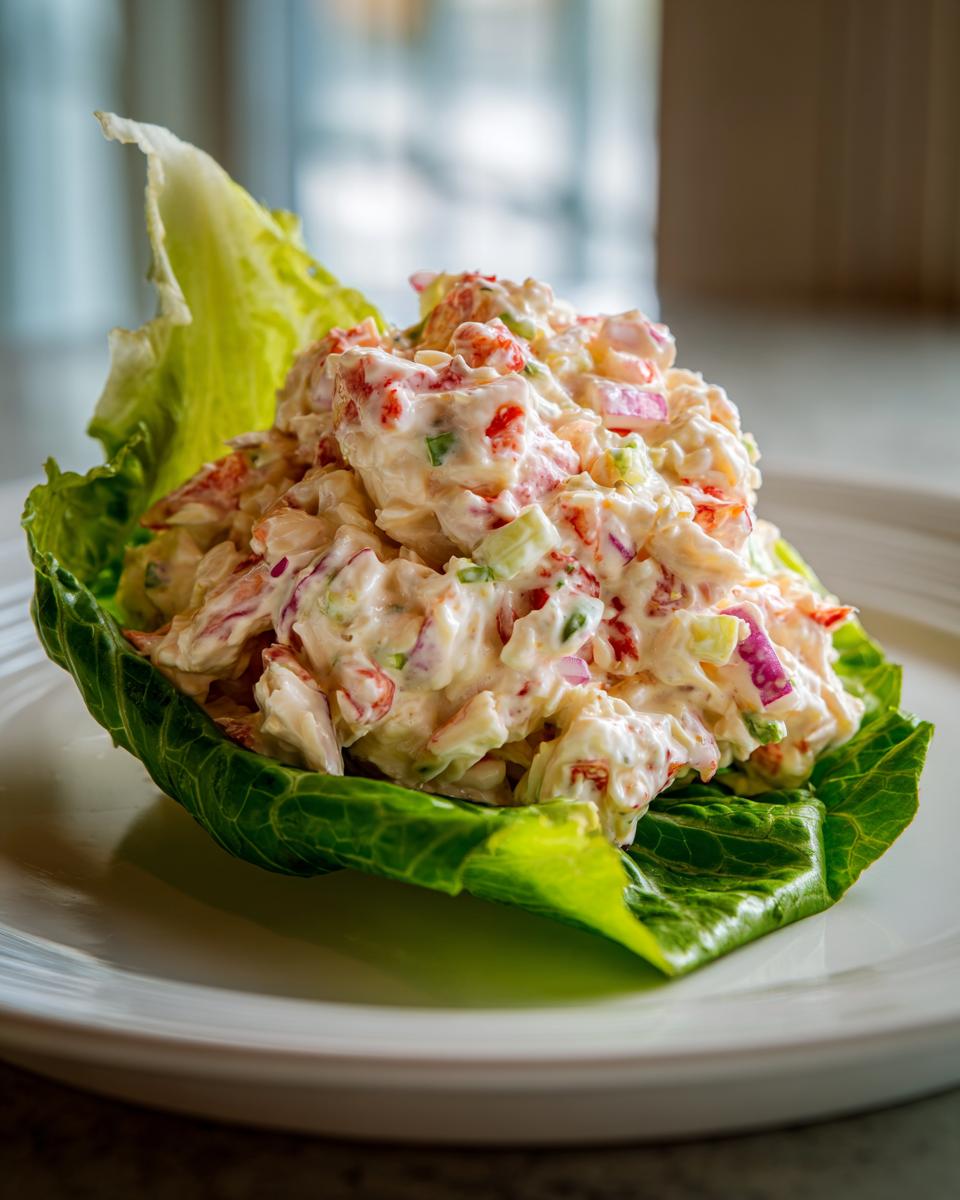 A scoop of creamy seafood salad mixed with red onion and celery served in a crisp lettuce cup on a white plate.