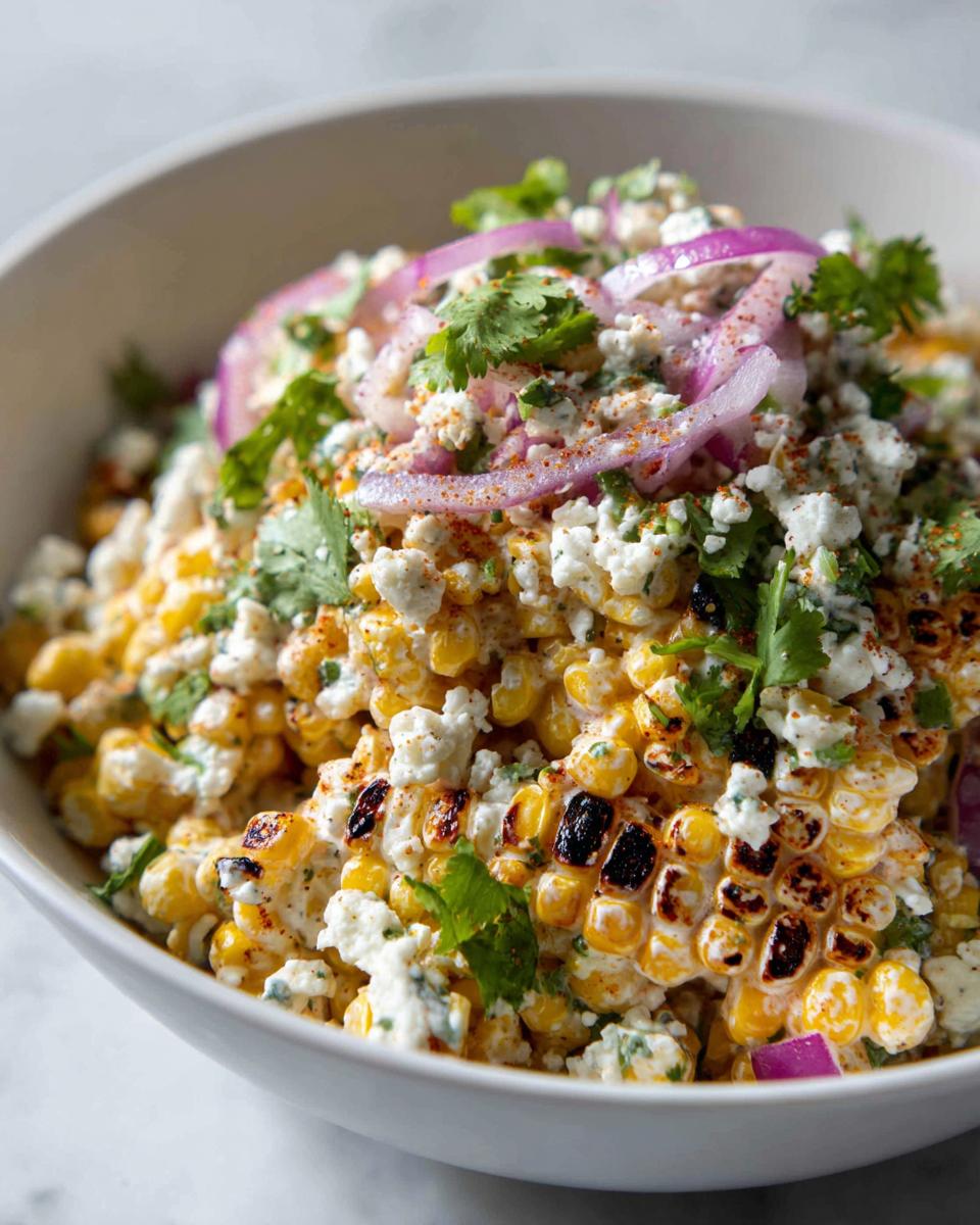 Close-up of creamy street corn salad featuring charred corn kernels, crumbled white cheese, red onion slices, and cilantro.