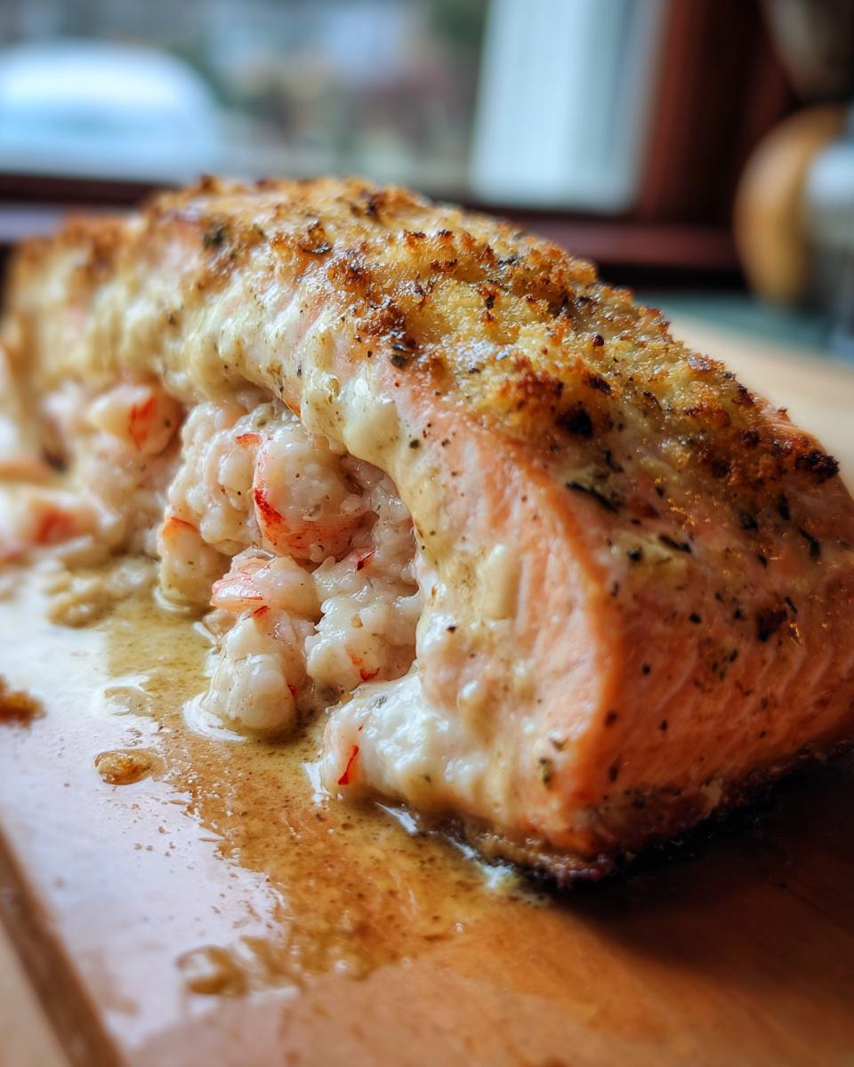 A close-up of a perfectly baked stuffed salmon fillet, oozing a creamy shrimp filling and topped with a golden crust.