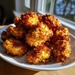 Close-up of golden brown, crispy air fryer chicken pieces piled on a white plate near a sunny window.