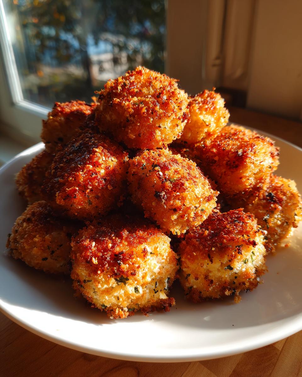 A pile of golden, crispy breaded air fryer chicken bites stacked high on a white plate near a window.