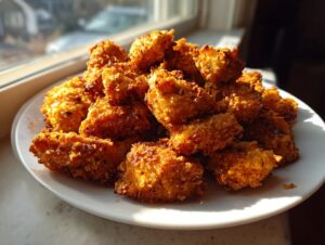 A pile of golden brown, crispy air fryer chicken pieces served on a white plate near a sunlit window.
