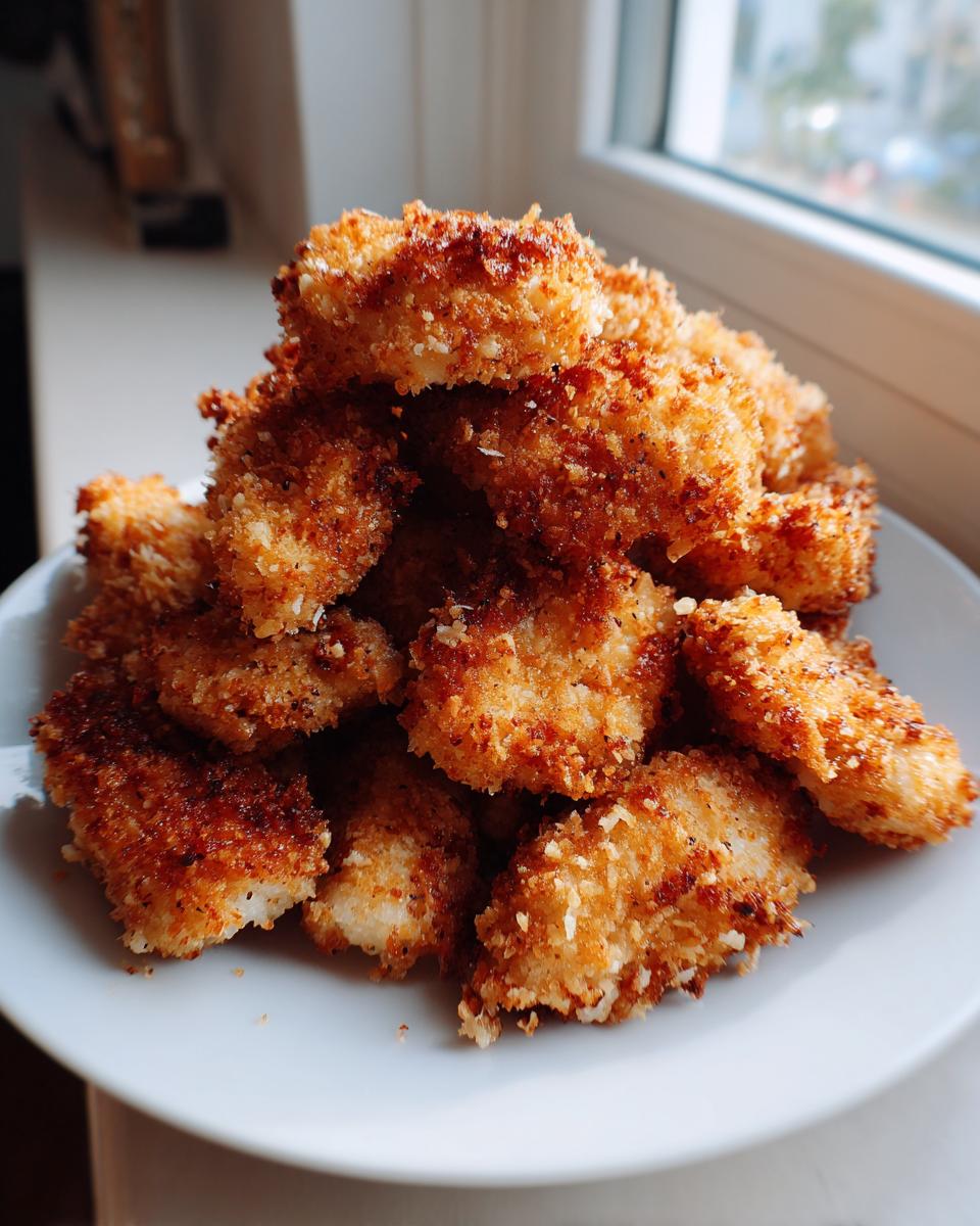 A pile of golden brown, crispy air fryer chicken nuggets stacked high on a white plate near a window.