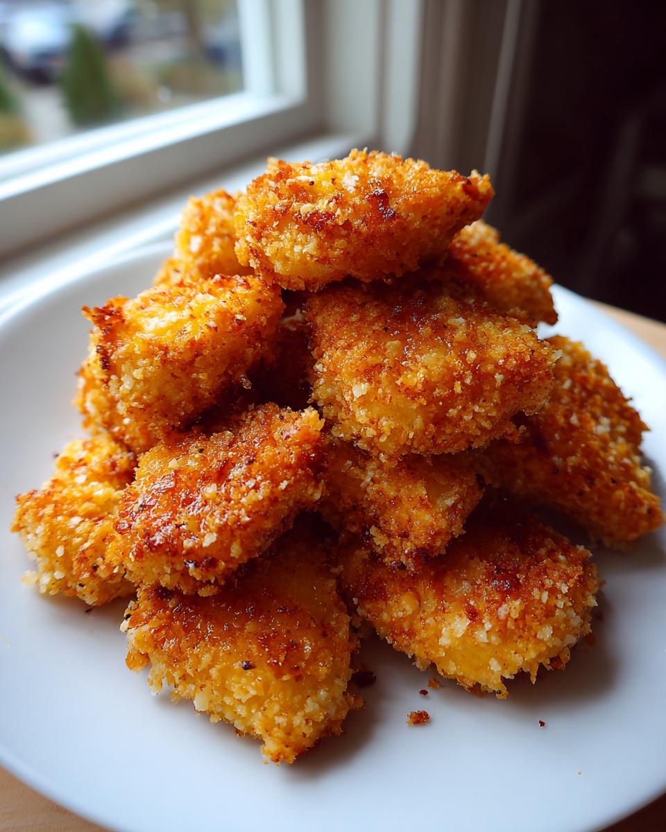 A pile of golden brown, crispy air fryer chicken nuggets stacked high on a white plate near a window.