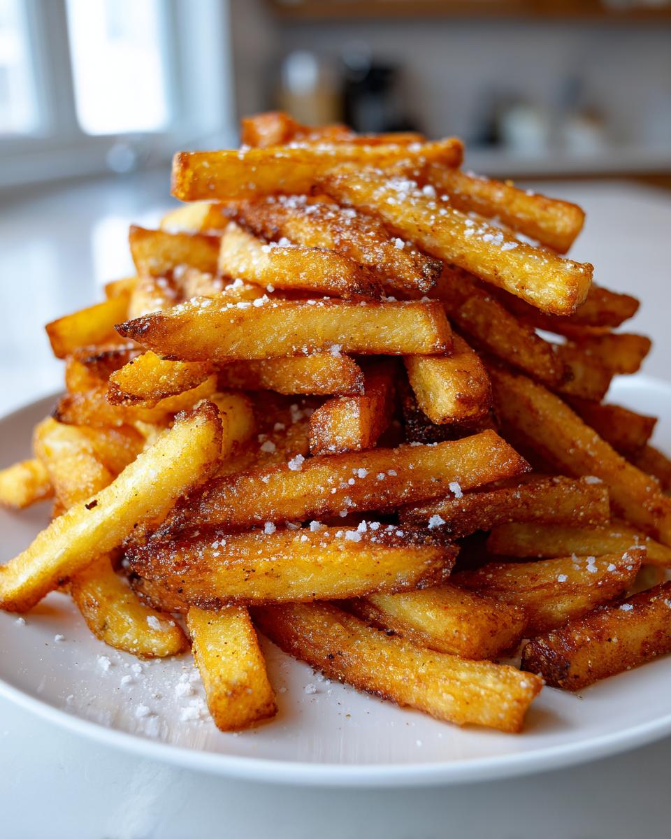 A tall stack of golden brown, crispy air fryer french fries sprinkled with coarse salt on a white plate.