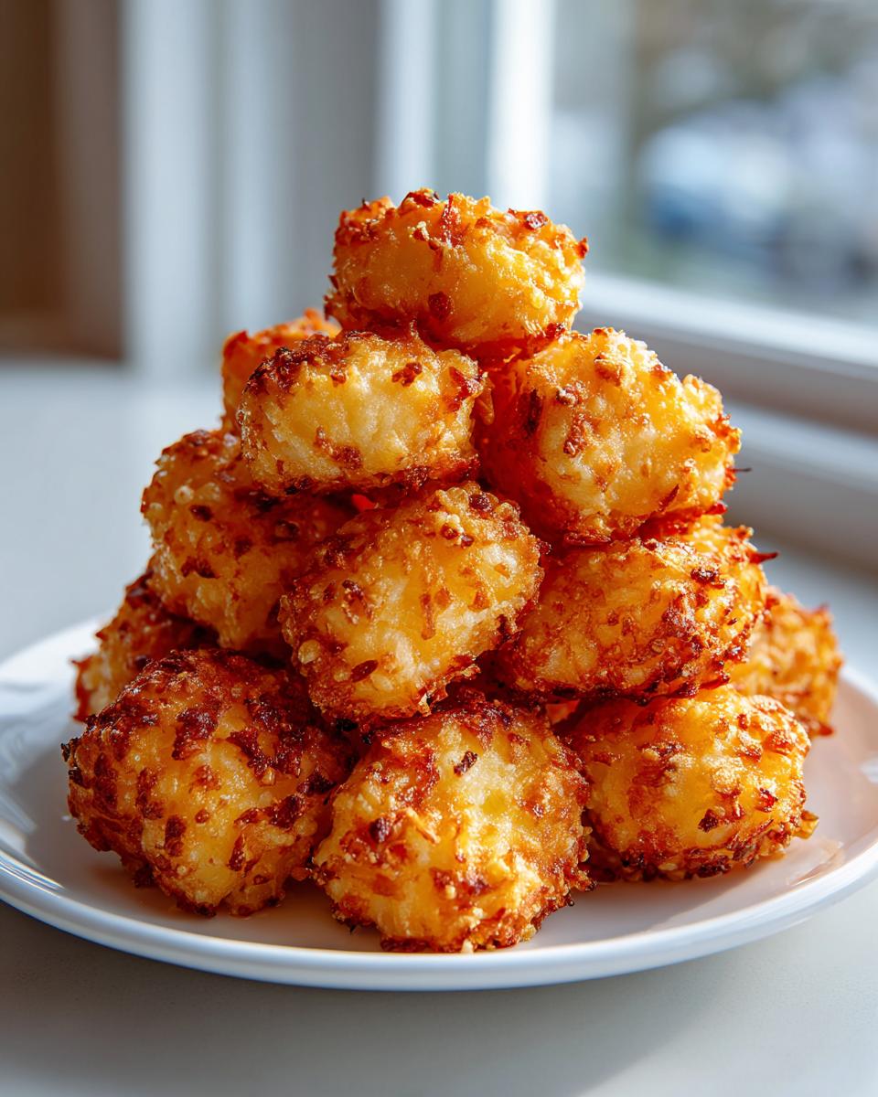 A pyramid stack of golden brown, crispy bites, possibly cheese curds or potato tots, made in the air fryer chicken cooking process.