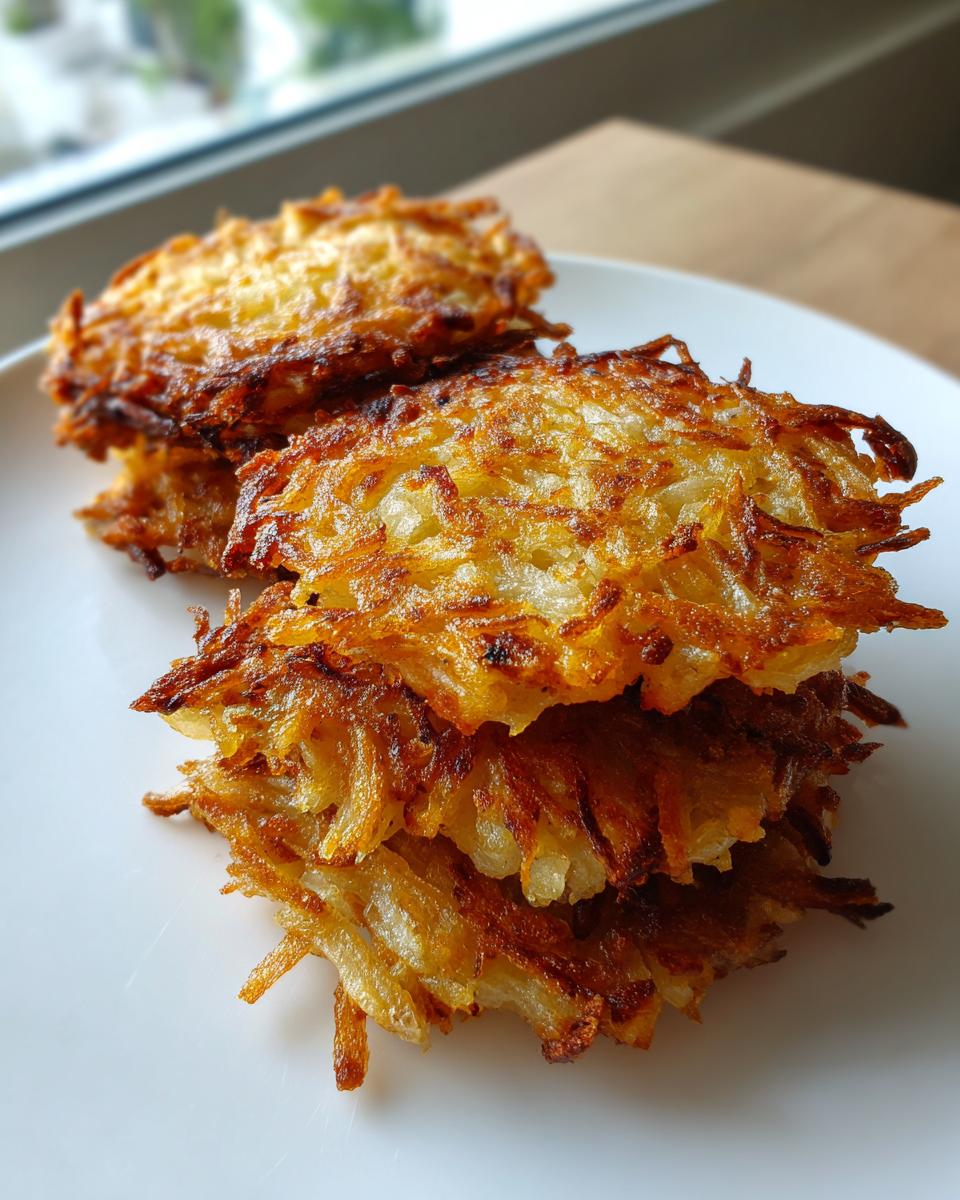 A close-up stack of four golden-brown, crispy potato latkes served on a white plate.