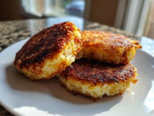 Three golden brown, crispy mashed potato cakes stacked slightly on a white plate, showing a crunchy exterior.