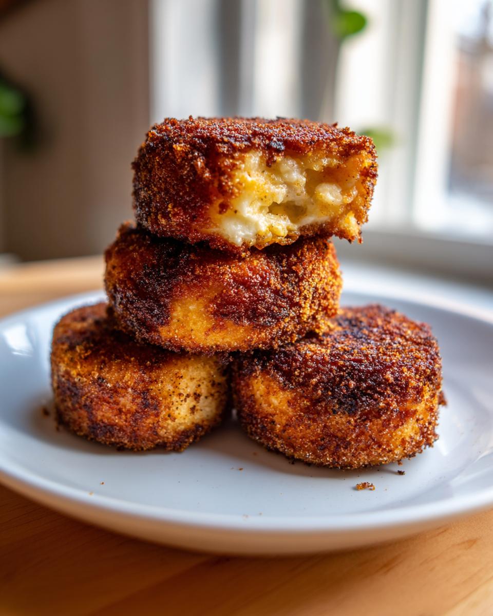 A stack of three golden-brown, crispy mashed potato cakes on a white plate, with the top cake broken open.