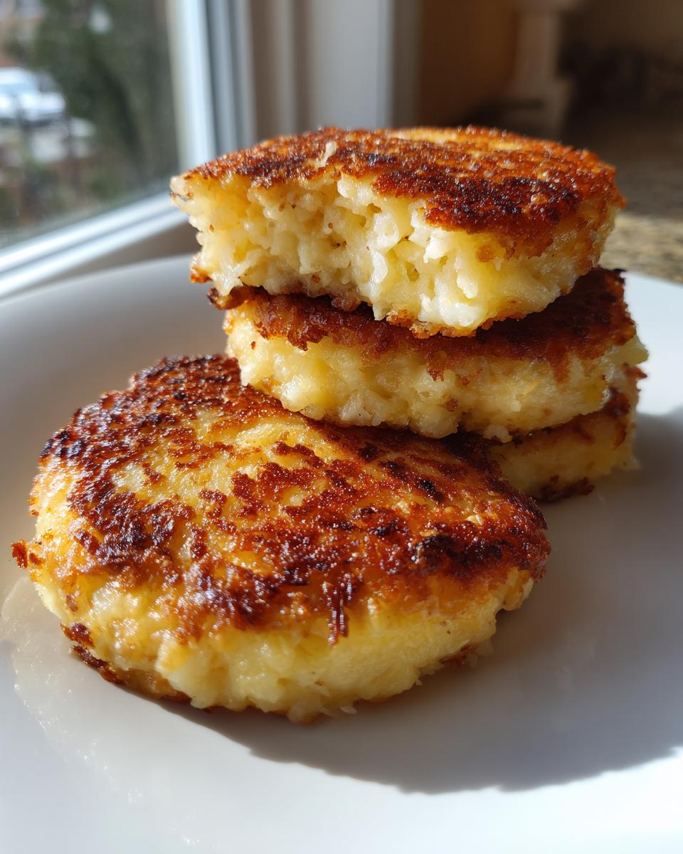 A stack of three golden-brown, crispy mashed potato cakes with the top one broken open.