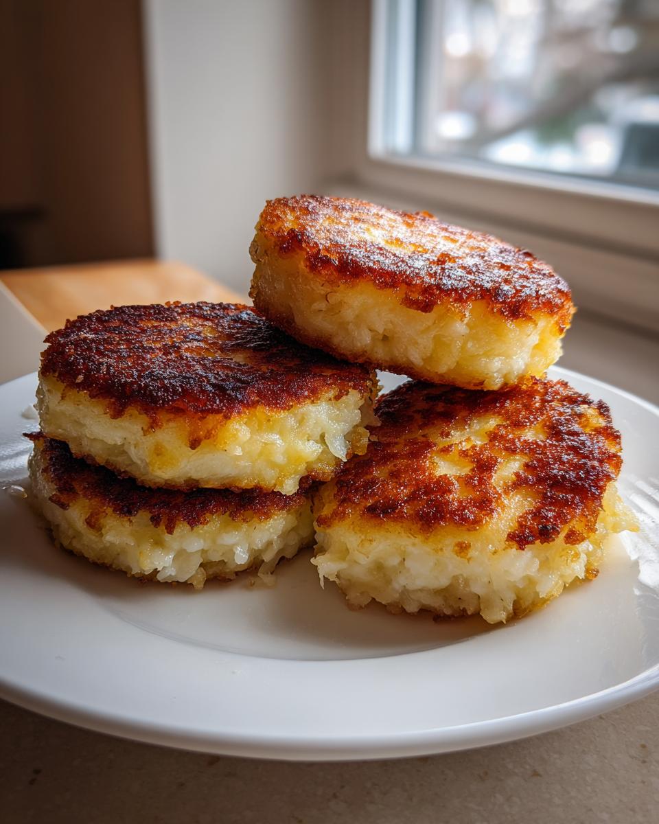 Four golden-brown, crispy mashed potato cakes stacked on a white plate near a window.