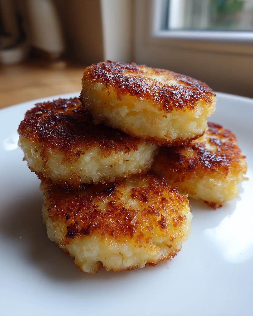 A stack of four golden-brown, crispy mashed potato cakes resting on a white plate.