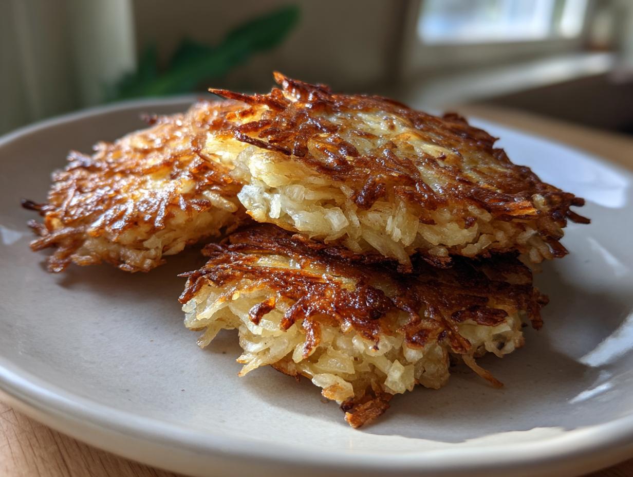 Three golden-brown, crispy potato latkes stacked slightly on a light-colored plate, showcasing shredded texture.