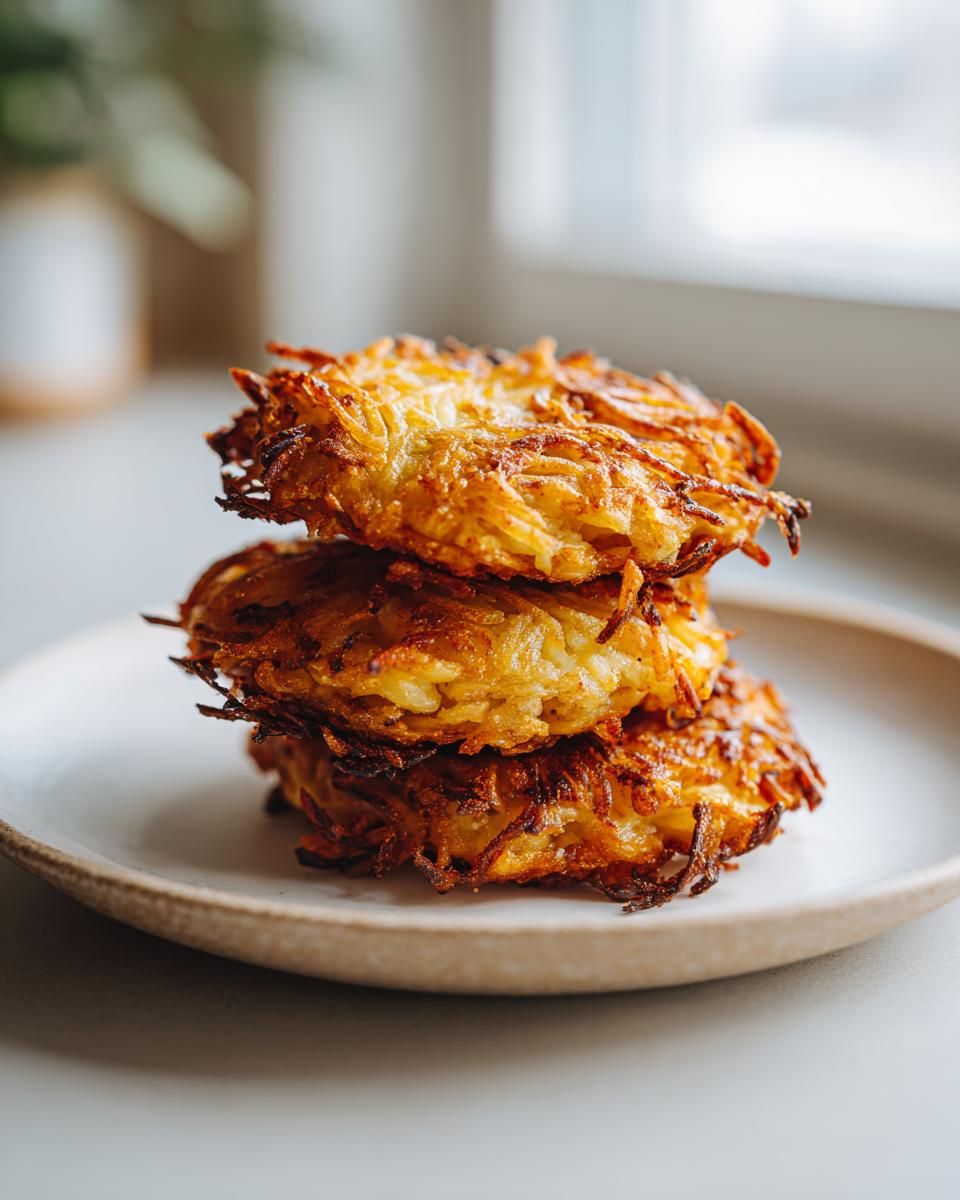 Three golden brown, crispy potato latkes stacked on a small, light-colored plate.