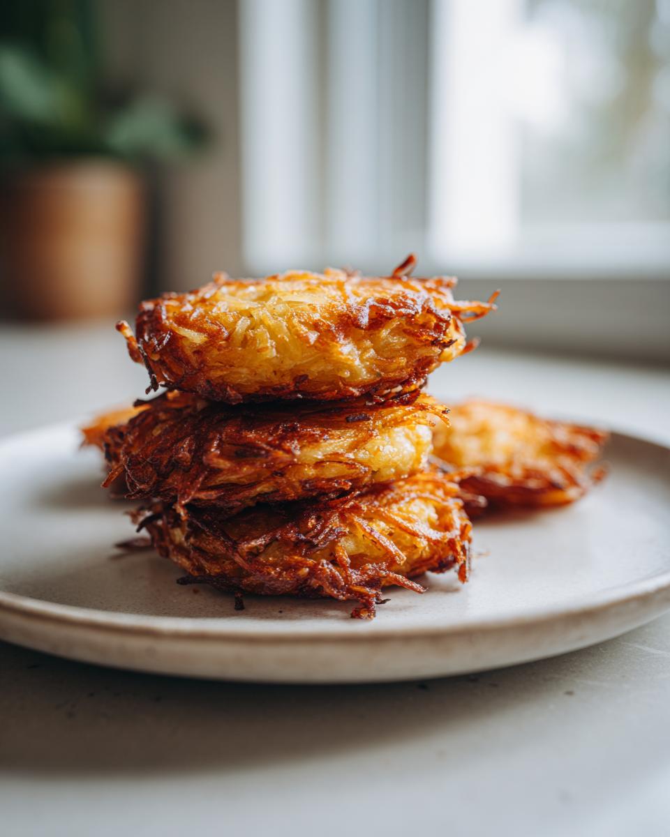 A stack of three golden-brown, crispy potato latkes piled on a light ceramic plate.