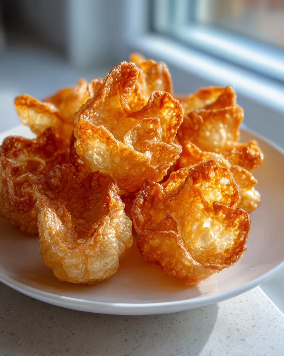 A close-up of golden brown, crispy rice paper dumplings piled on a white plate near a window.