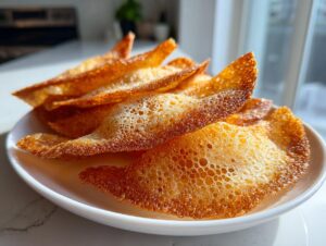 Close-up of golden brown, bubbly, and crispy rice paper dumplings stacked on a white plate.