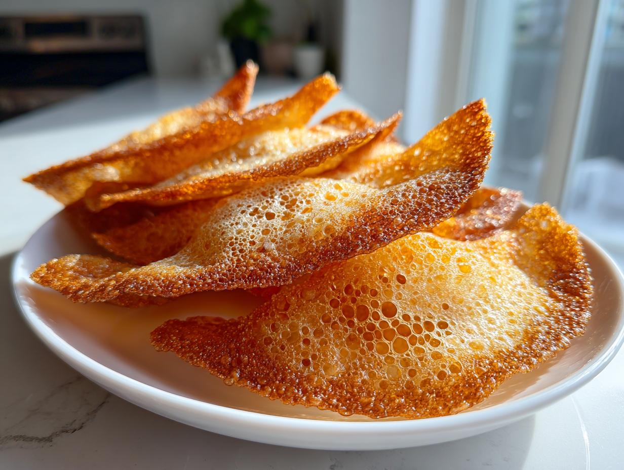 Close-up of golden brown, bubbly, and crispy rice paper dumplings stacked on a white plate.