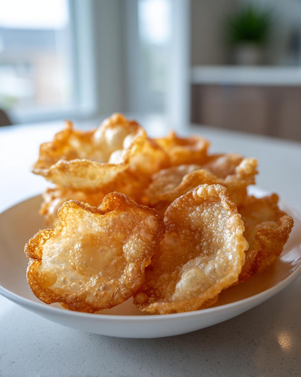 Close-up of golden, crispy fried rice paper dumplings piled high on a white dish.