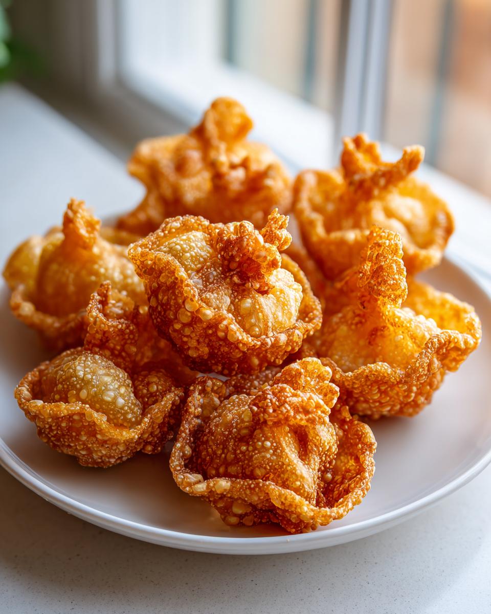 A close-up of several golden brown, crispy rice paper dumplings piled on a white plate.