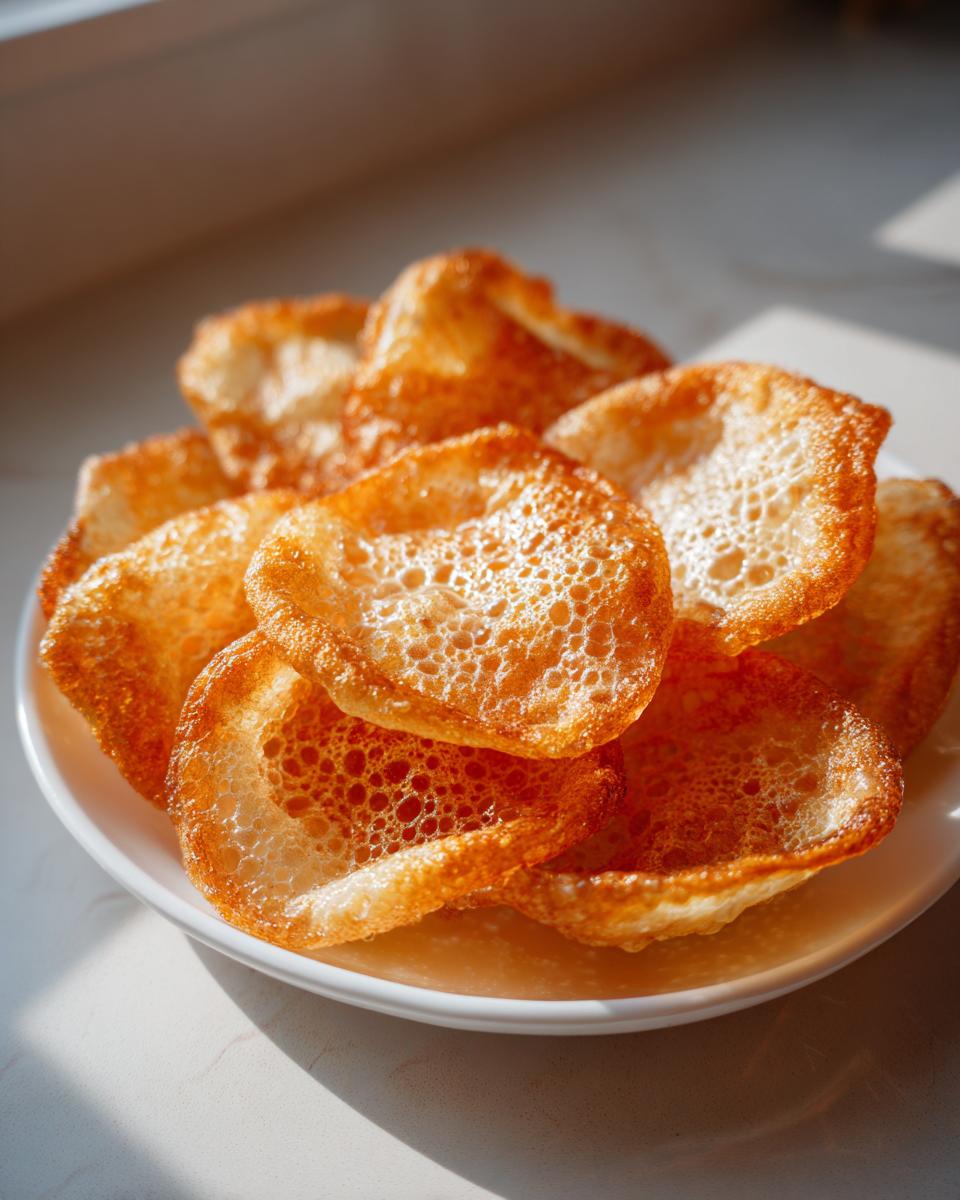 Close-up of golden, crispy rice paper dumplings showing a bubbly, airy texture on a white plate.