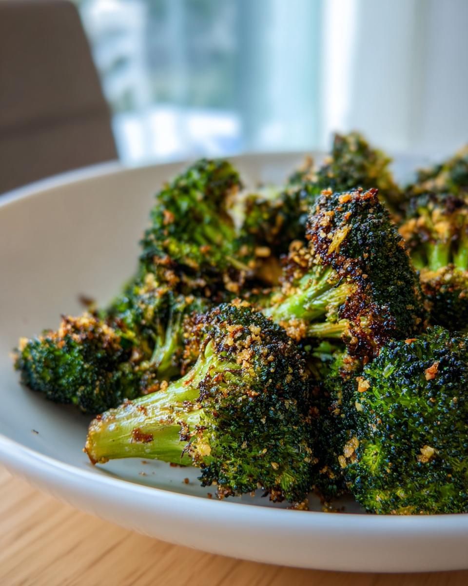 Close-up of perfectly crispy roasted broccoli florets seasoned with spices, served in a white bowl.
