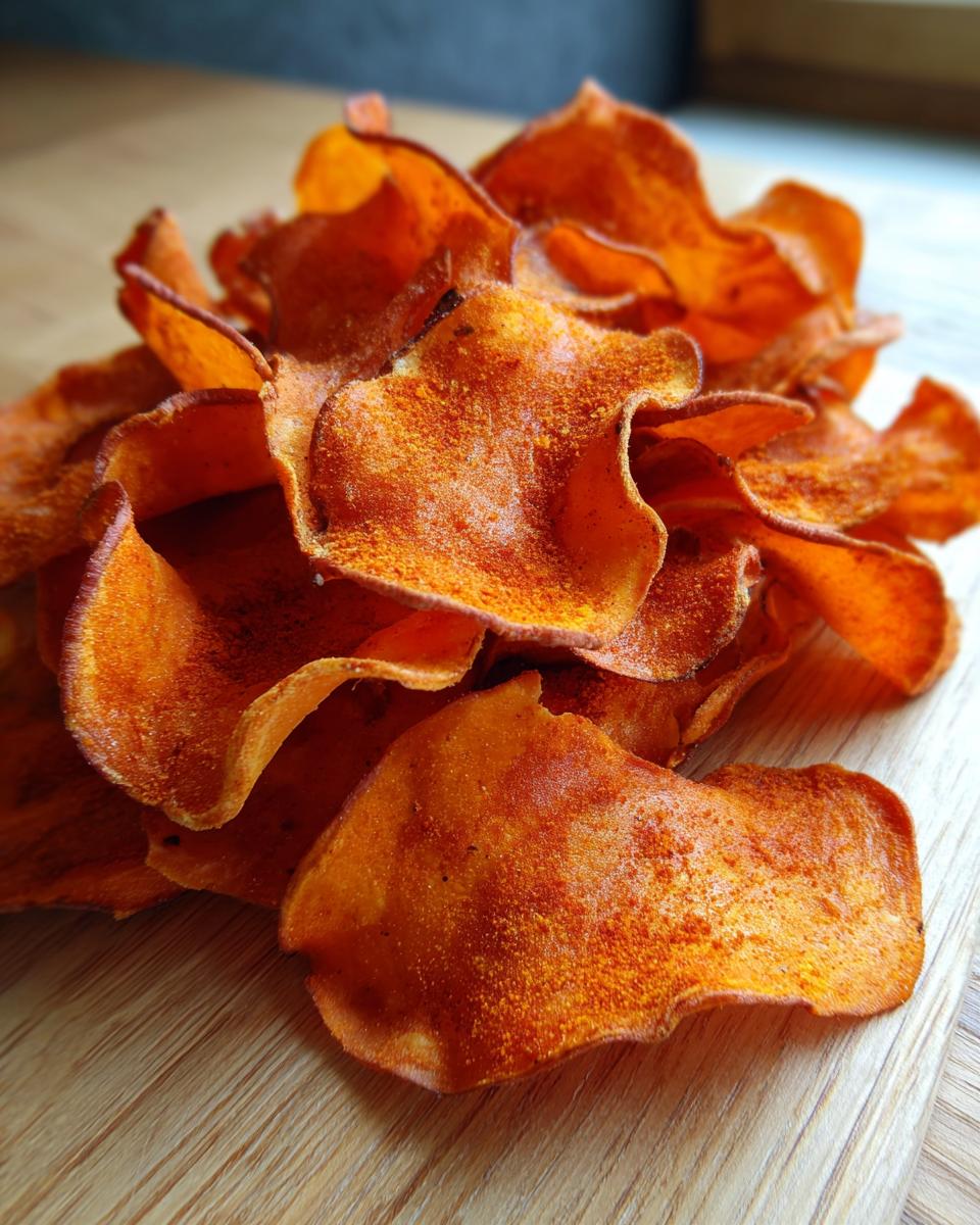 A close-up pile of bright orange, crispy seasoned sweet potato chips resting on a wooden surface.