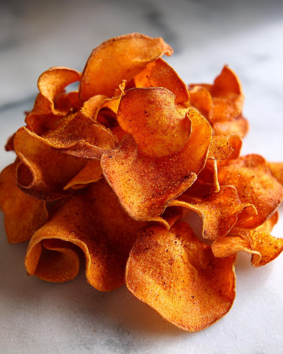 Close-up of a pile of crispy, orange seasoned sweet potato chips resting on a light marble surface.