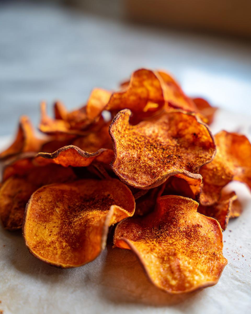 A close-up pile of crispy, orange sweet potato chips seasoned with spices.