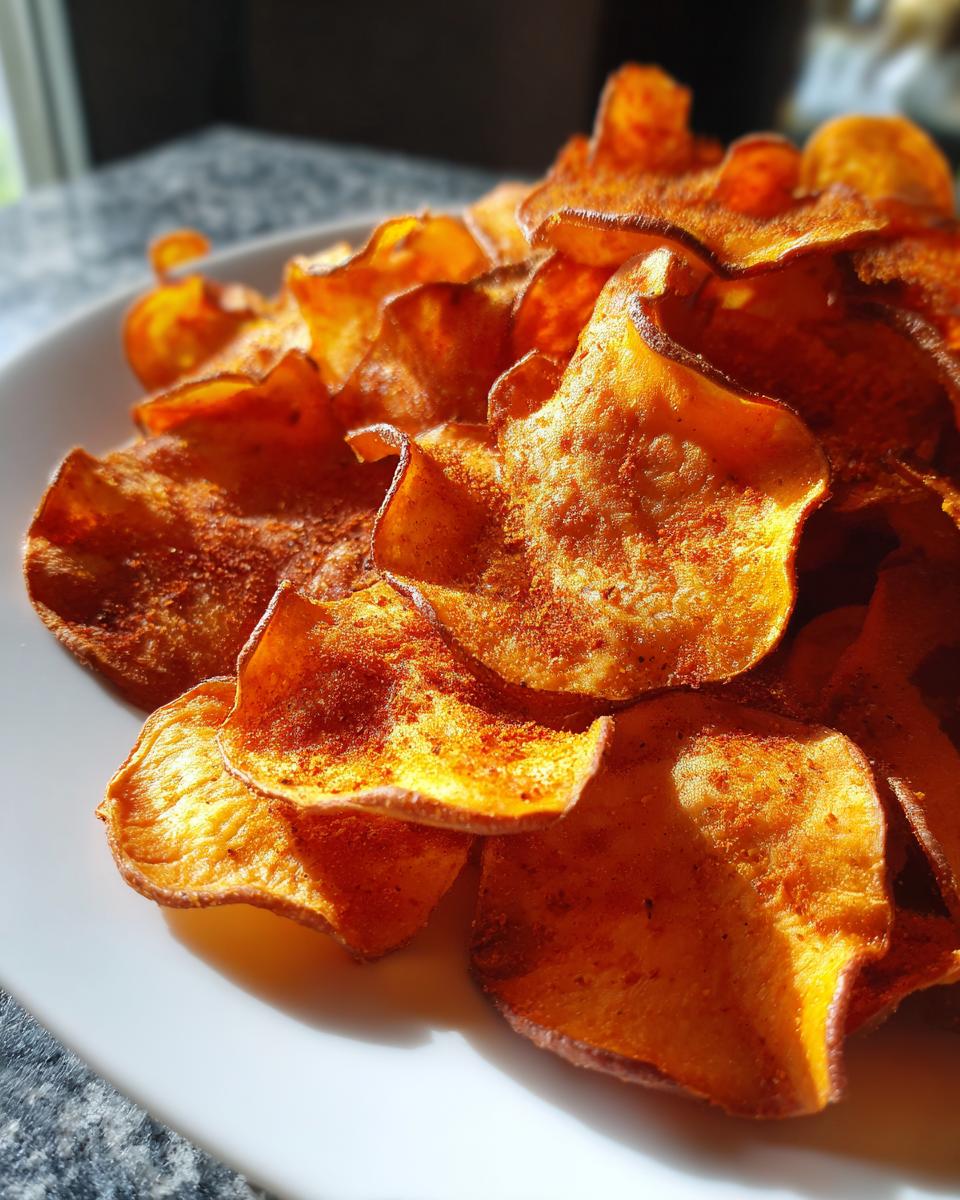 Close-up of a pile of crispy, orange-colored sweet potato chips seasoned with spices, served on a white plate.