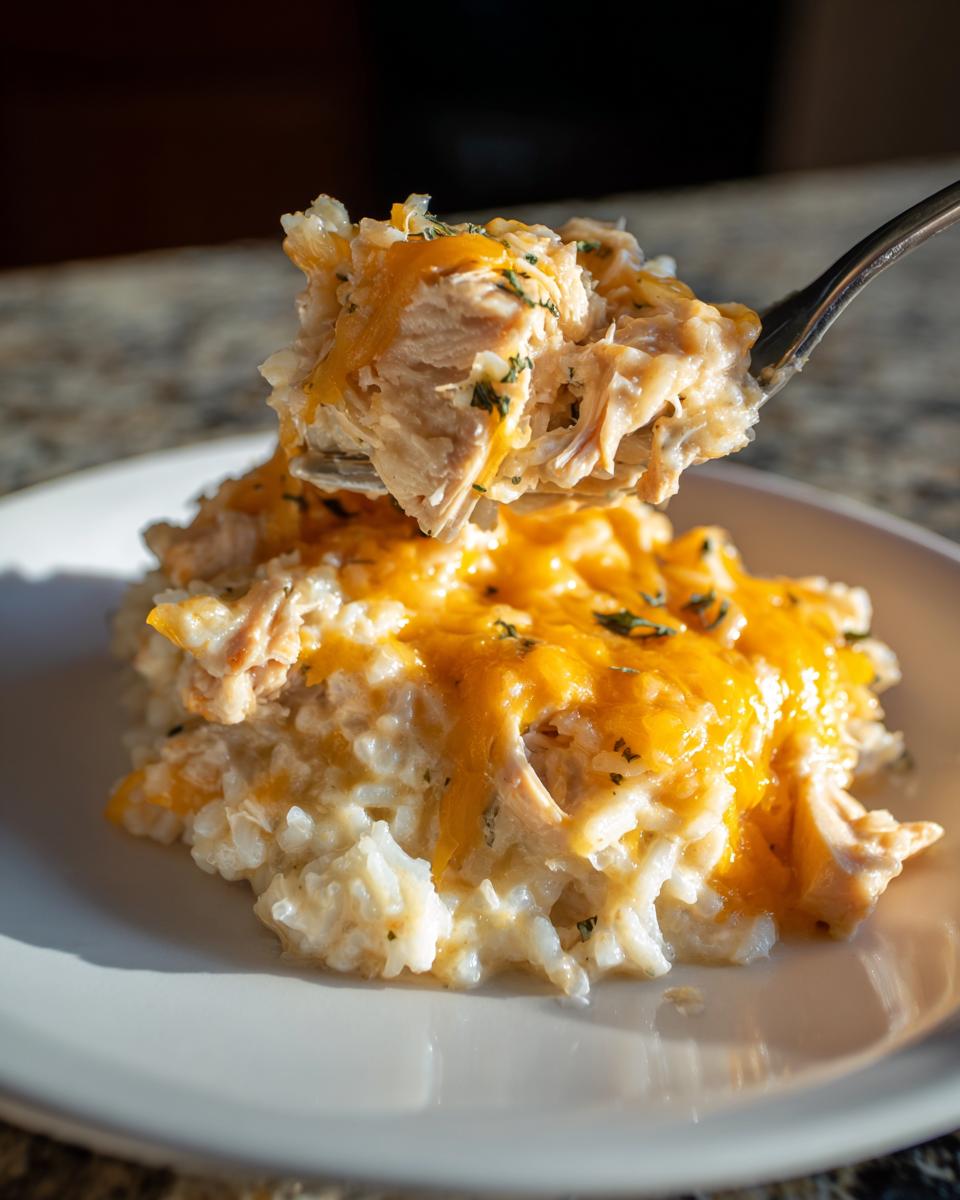 A fork lifts a bite of creamy crock pot chicken and rice topped with melted cheddar cheese.