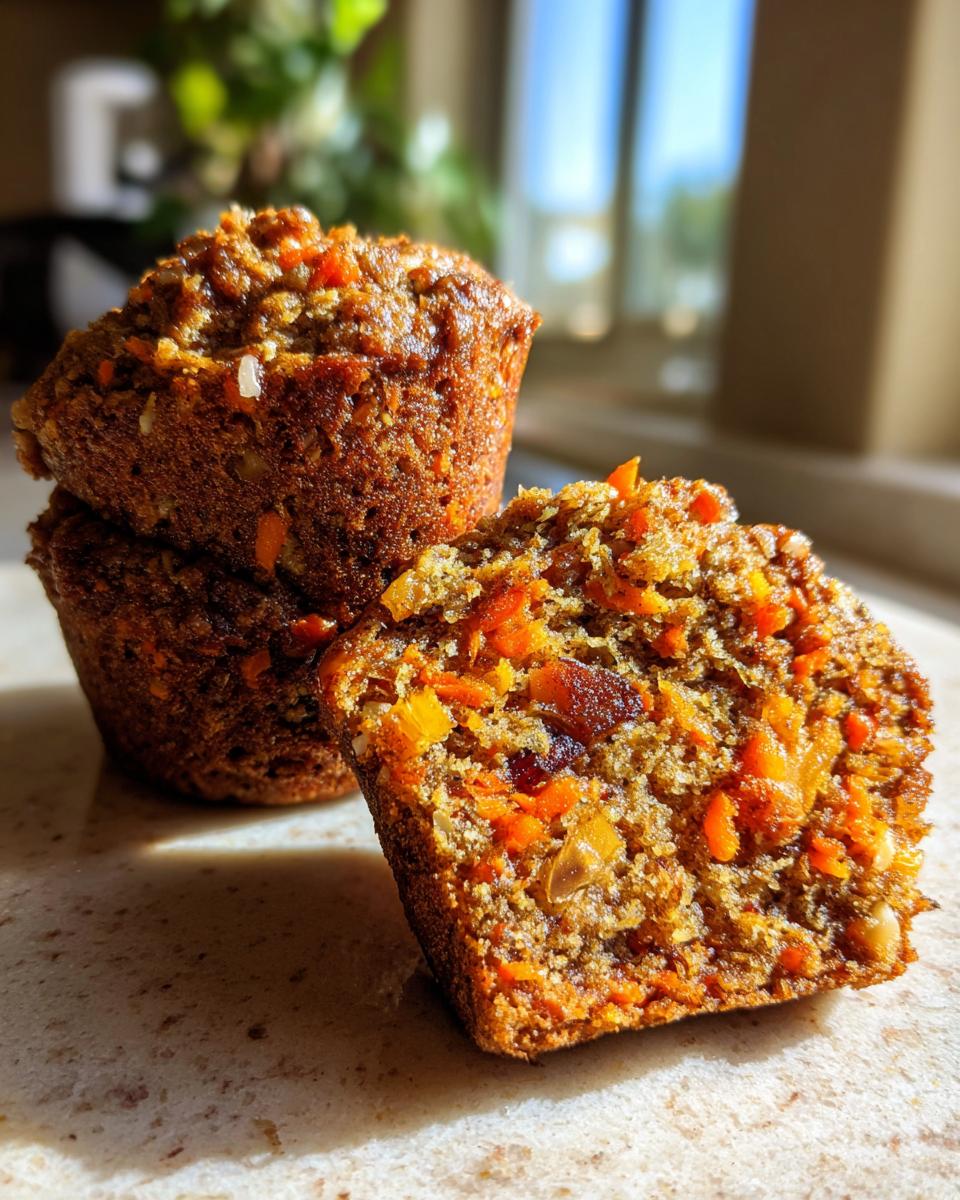 Close-up of a morning glory muffin cut in half showing carrots, nuts, and raisins inside.