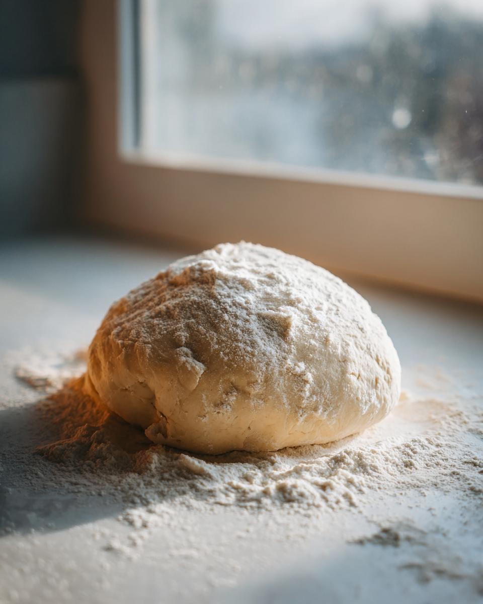 A smooth ball of dough, dusted with flour, resting on a surface near a window, ready for the marzipan recipe.