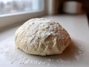 A ball of white dough dusted with flour, ready for the amazing 10-minute marzipan recipe.