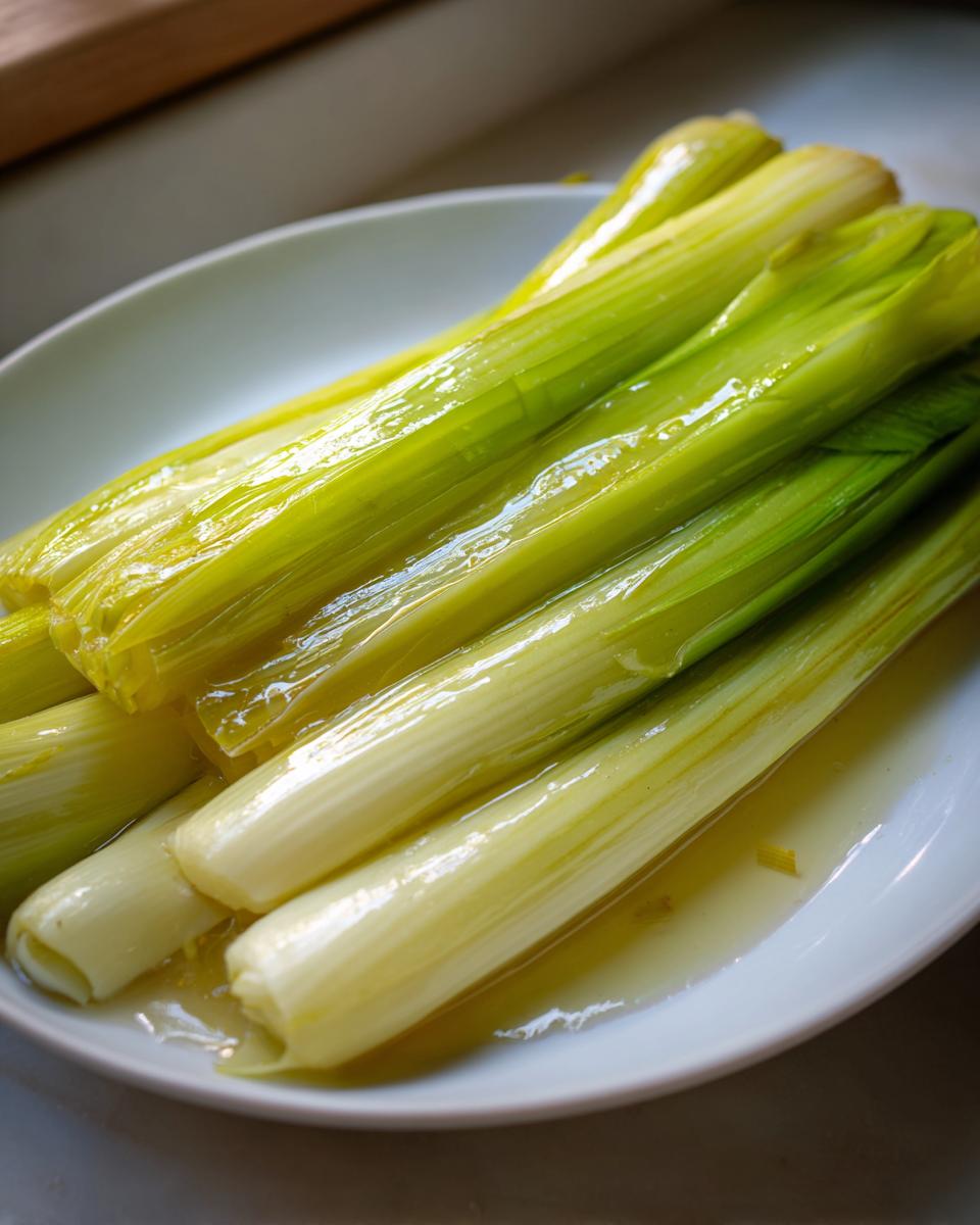 Close-up of tender, glossy braised leeks resting in a small pool of cooking liquid on a white oval dish.