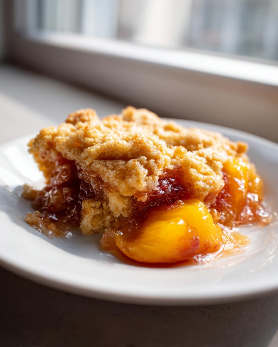 Close-up of a warm serving of peach cobbler with a golden crumble topping and juicy peaches.