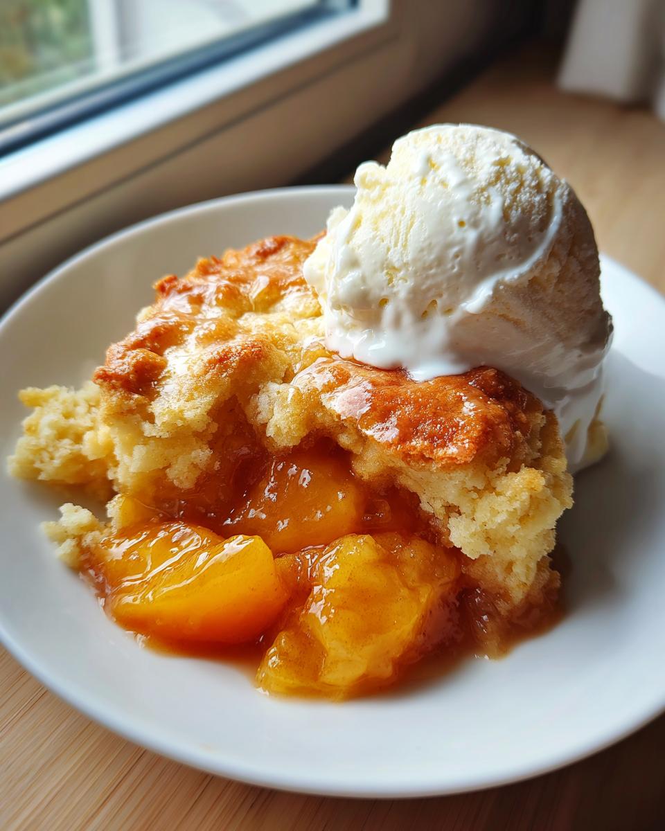 A scoop of vanilla ice cream melting over a warm serving of easy Southern peach cobbler on a white plate.