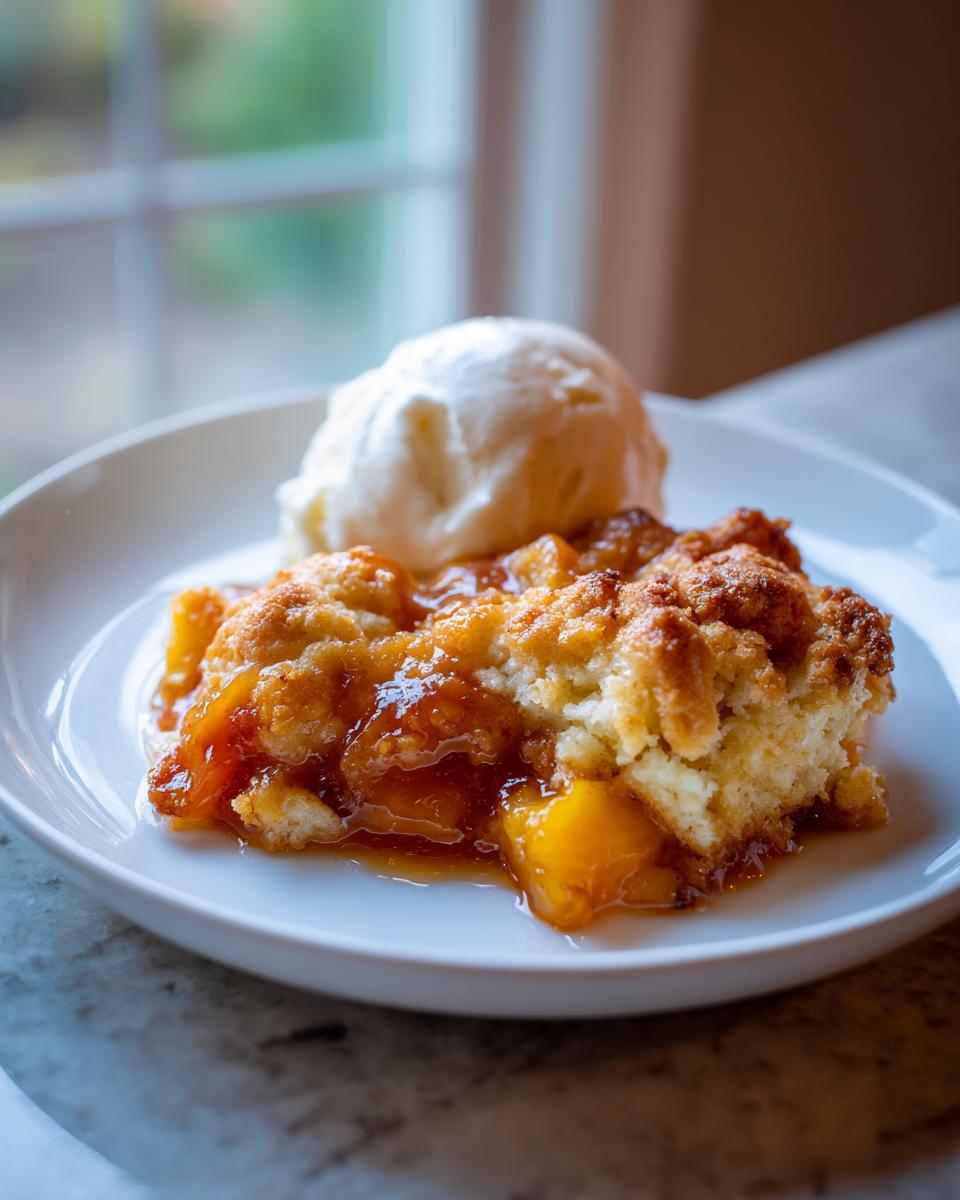 A warm serving of easy Southern peach cobbler topped with a scoop of vanilla ice cream on a white plate.